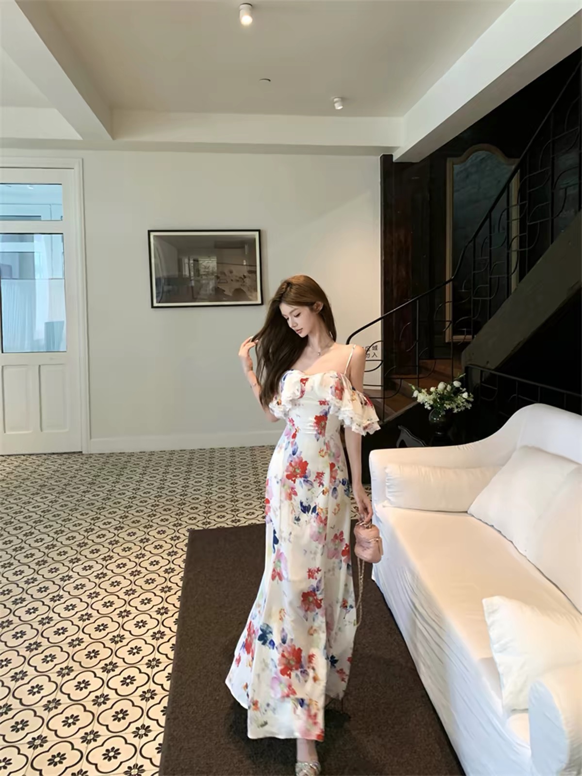 Váy maxi hoa tay phồng trễ vai_Y96