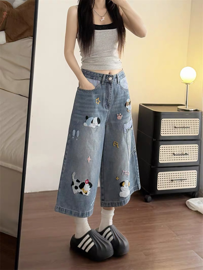 Quần jeans ống rộng thêu cún đáng yêu_E10