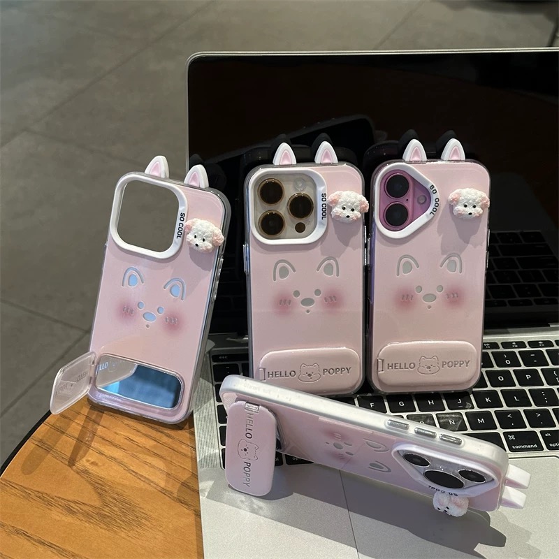 Ốp lưng Hello Poppy tai mèo kèm gương gập_O16 (Iphone, Huawei, Honor, OPPO, Vivo, Xiaomi & Redmi)
