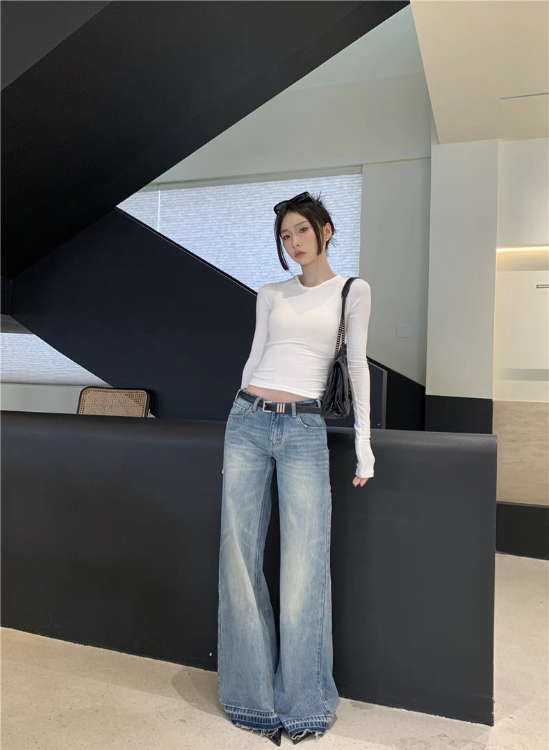 Quần jean ống rộng denim dáng dài_E04