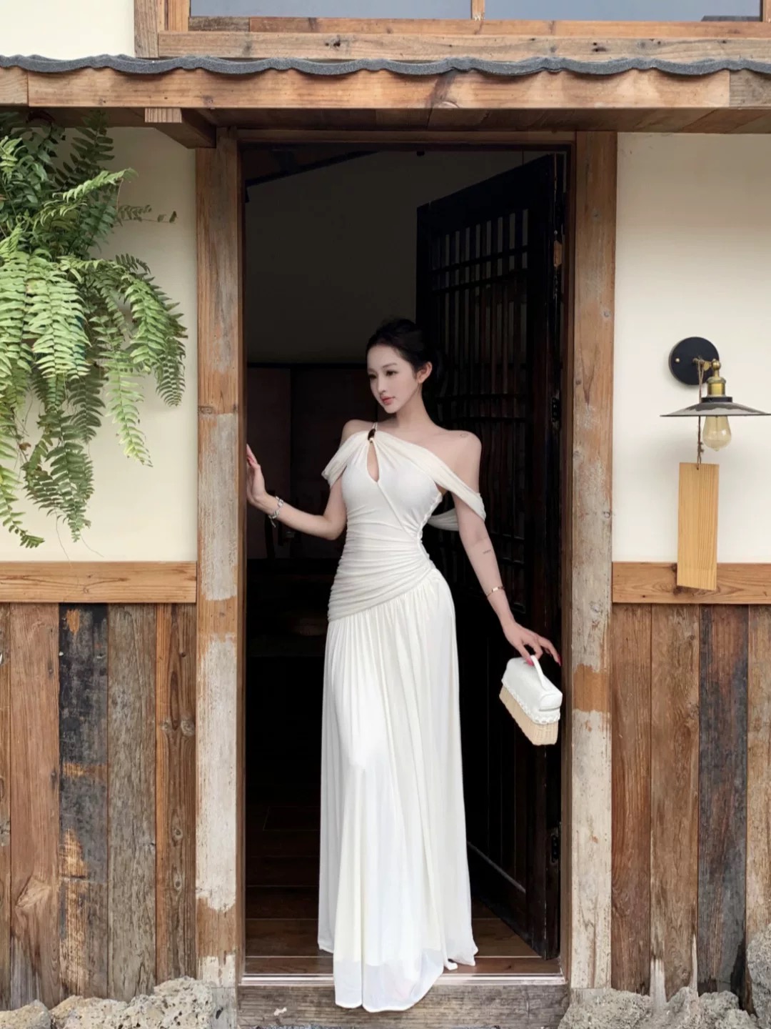 Váy lệch vai draping dáng dài thanh lịch_Y26