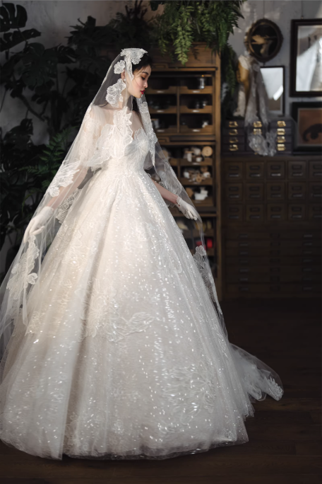 Váy cưới ren kim sa dáng công chúa bồng bềnh_I10