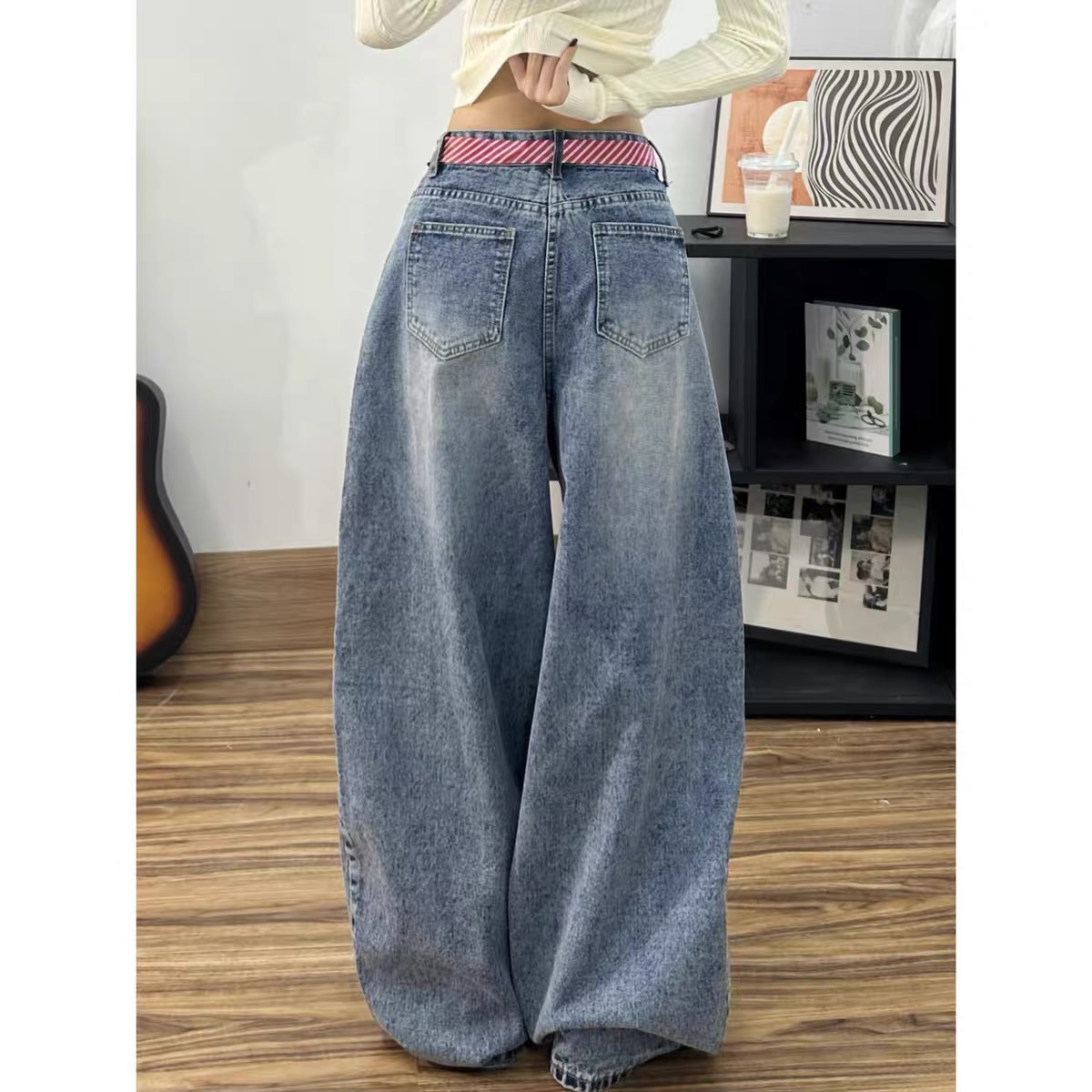 Quần jeans ống phồng phối dây eo_E09