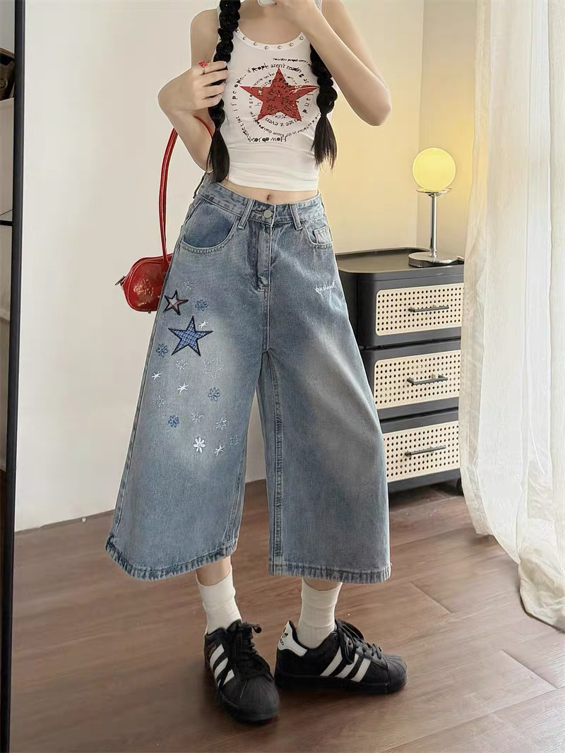 Quần jeans ống rộng thêu ngôi sao_E11