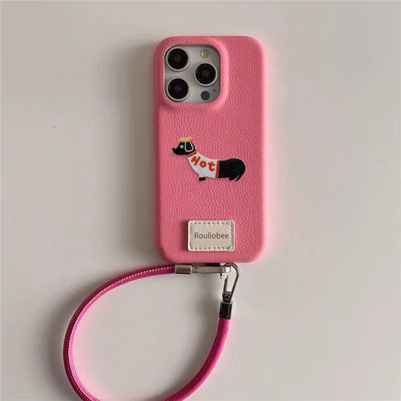 Ốp lưng điện thoại da mềm thêu hình cún kèm dây đeo_O195 (Iphone & Huawei)