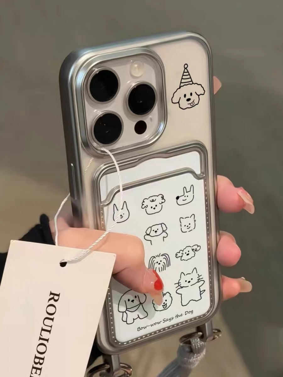 Ốp lưng chó mèo hoạt hình có ngăn thẻ kèm dây_O56 (Iphone & Huawie)