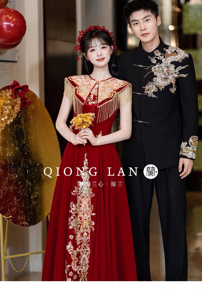 Váy dự tiệc cổ vuông thêu hoa tua rua_I112