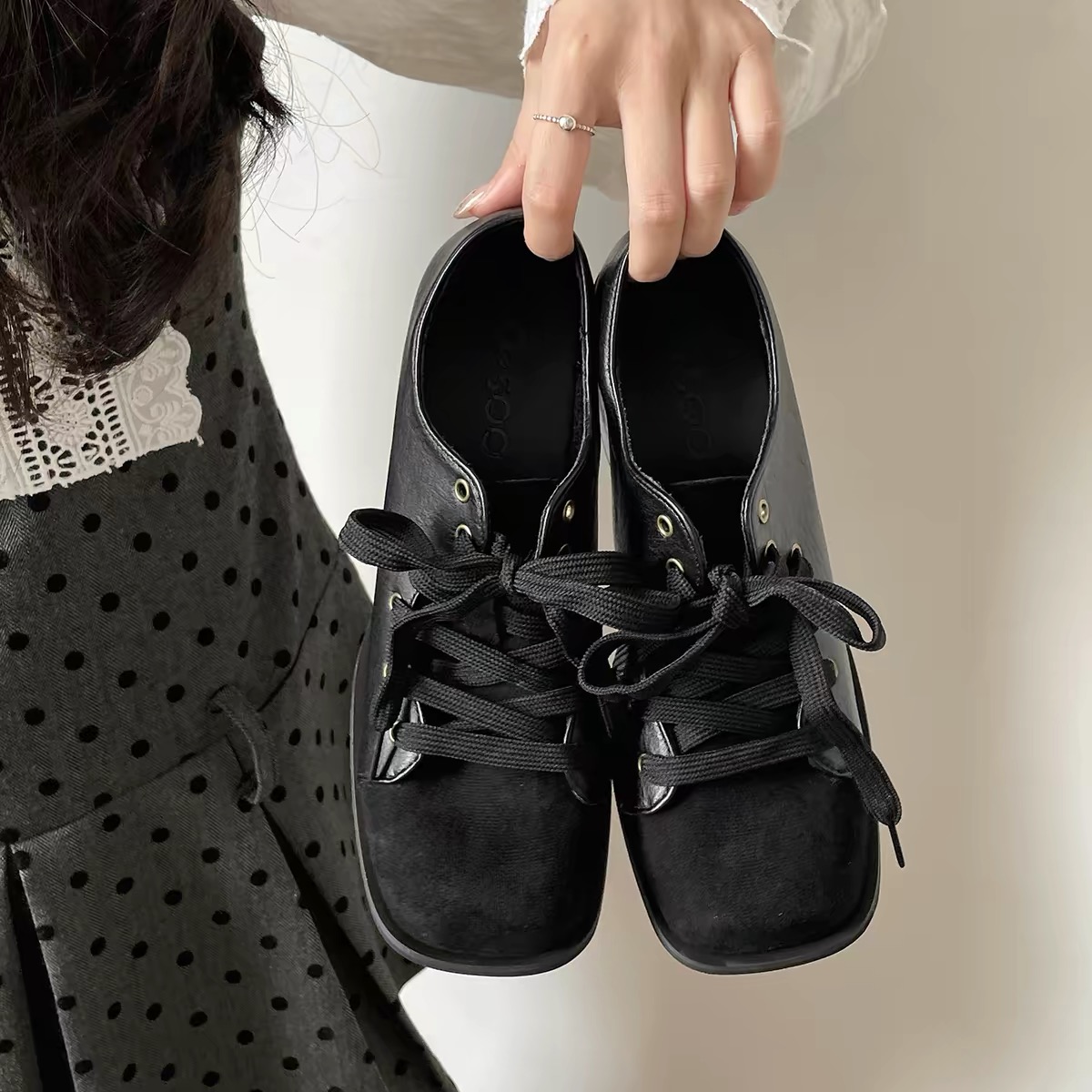 Giày Oxford nữ cao gót đế vuông phối dây buộc_X01