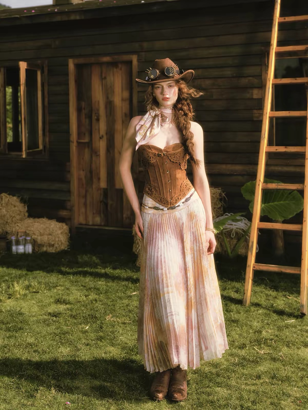 LaceMade áo corset ren vintage và chân váy dài_V55