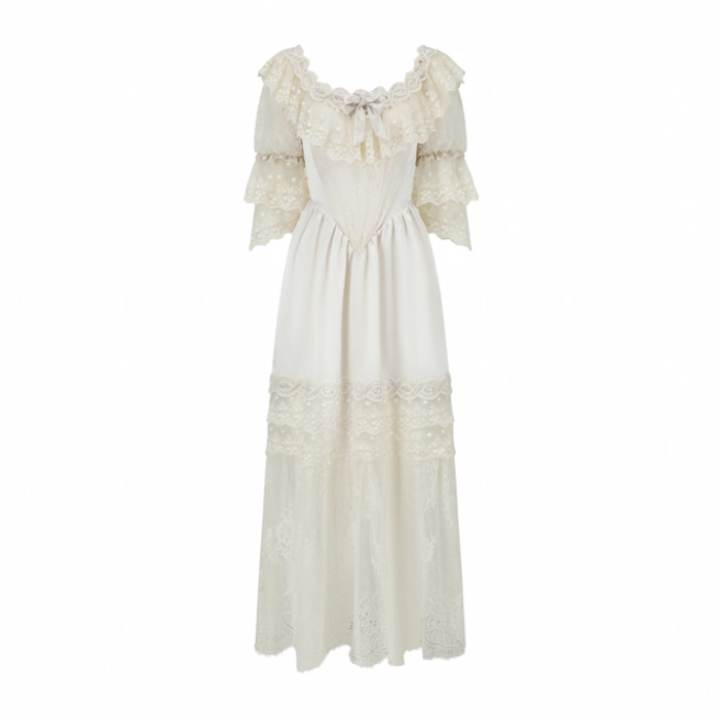 LaceMade váy ren cổ vuông tay lửng cổ điển_V42