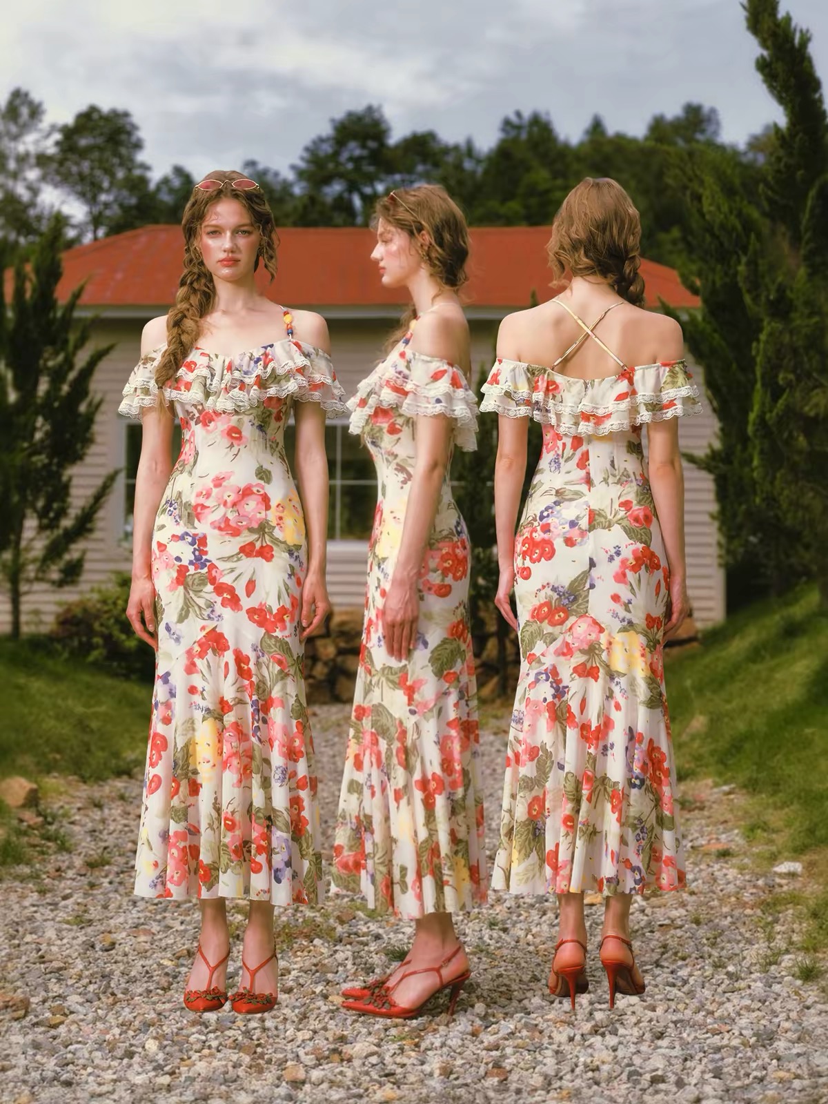 LaceMade váy hoa trễ vai dáng dài_Y108