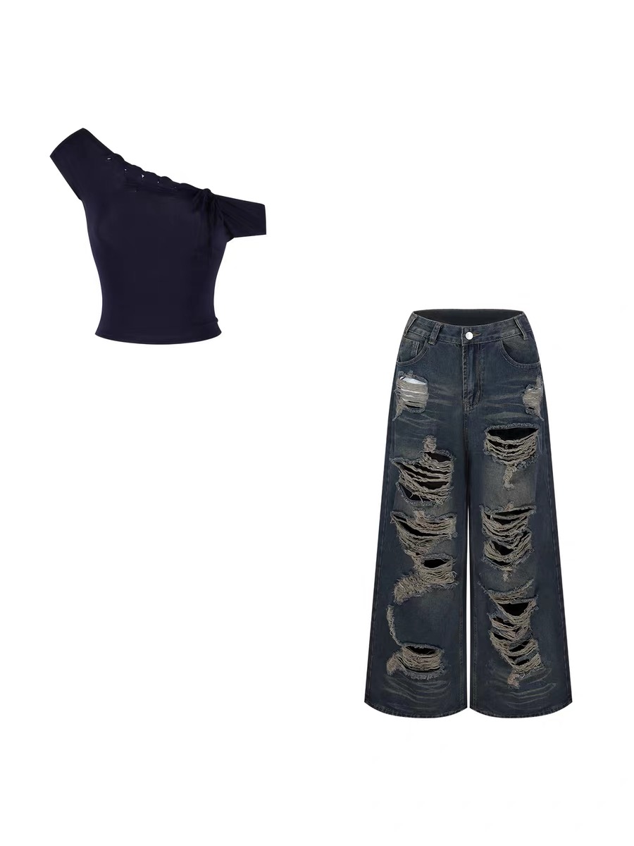 Áo trễ vai phối quần jean ống rộng rách_Q07