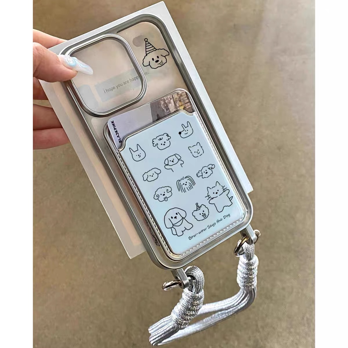 Ốp lưng chó mèo hoạt hình có ngăn thẻ kèm dây_O56 (Iphone & Huawie)