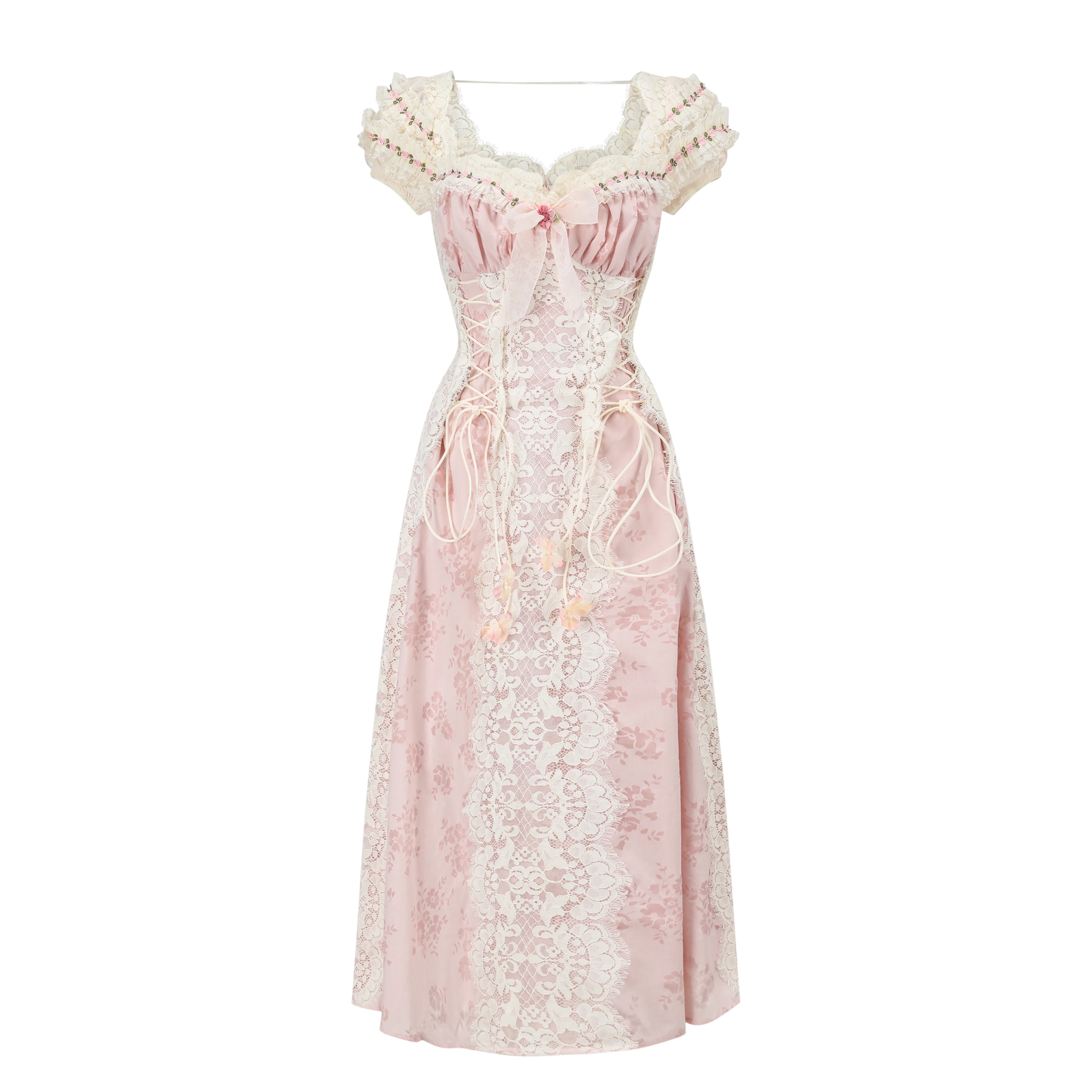 LaceMade váy ren hoa cổ vuông thắt eo_Y63