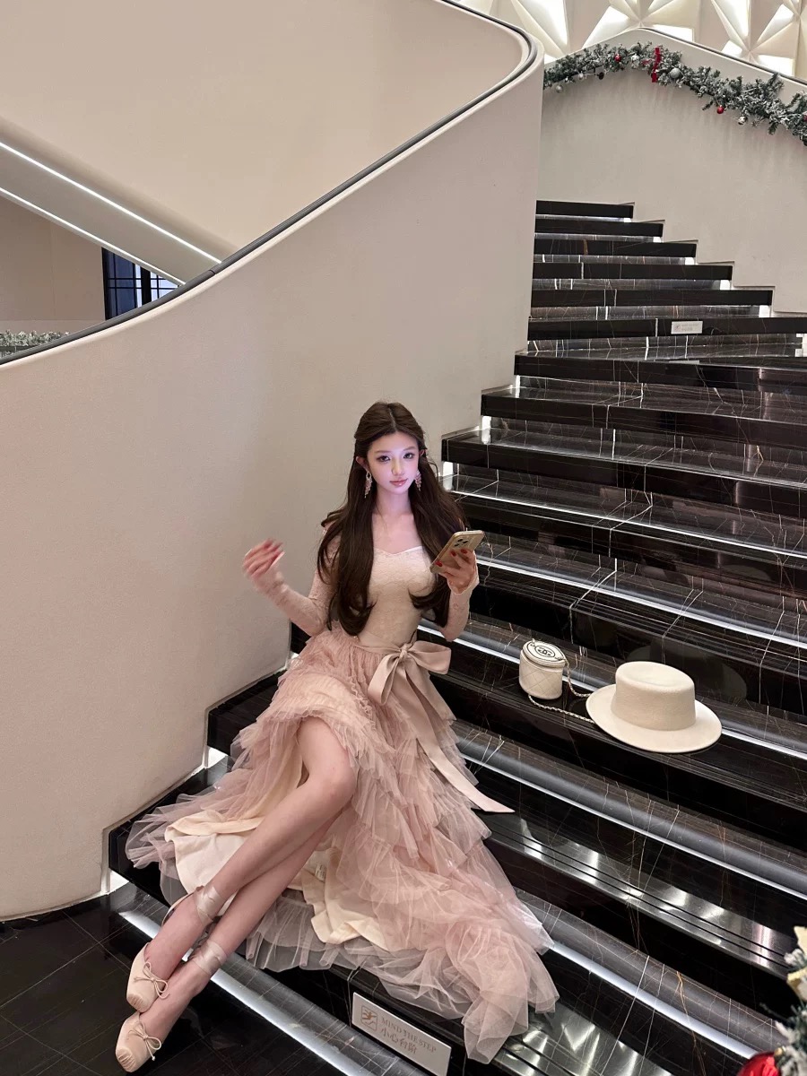 Váy ren tầng dáng dài thắt nơ eo tiểu thư_Y11