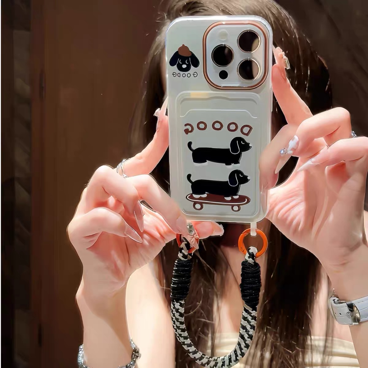 Ốp lưng điện thoại ngăn thẻ hình cún Doodle kèm dây đeo_O161 (Iphone, Huawei, Honor, OPPO, Vivo, Xiaomi & Redmi)