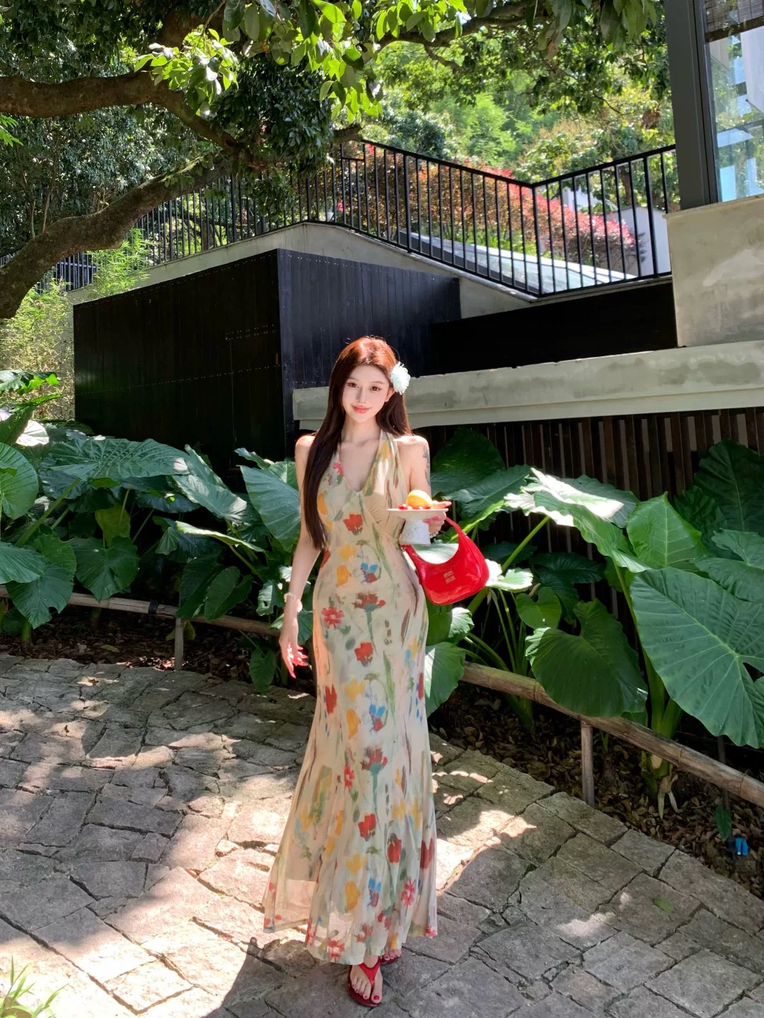 Đầm maxi hoa pastel cổ yếm nữ tính nhẹ nhàng_Y27