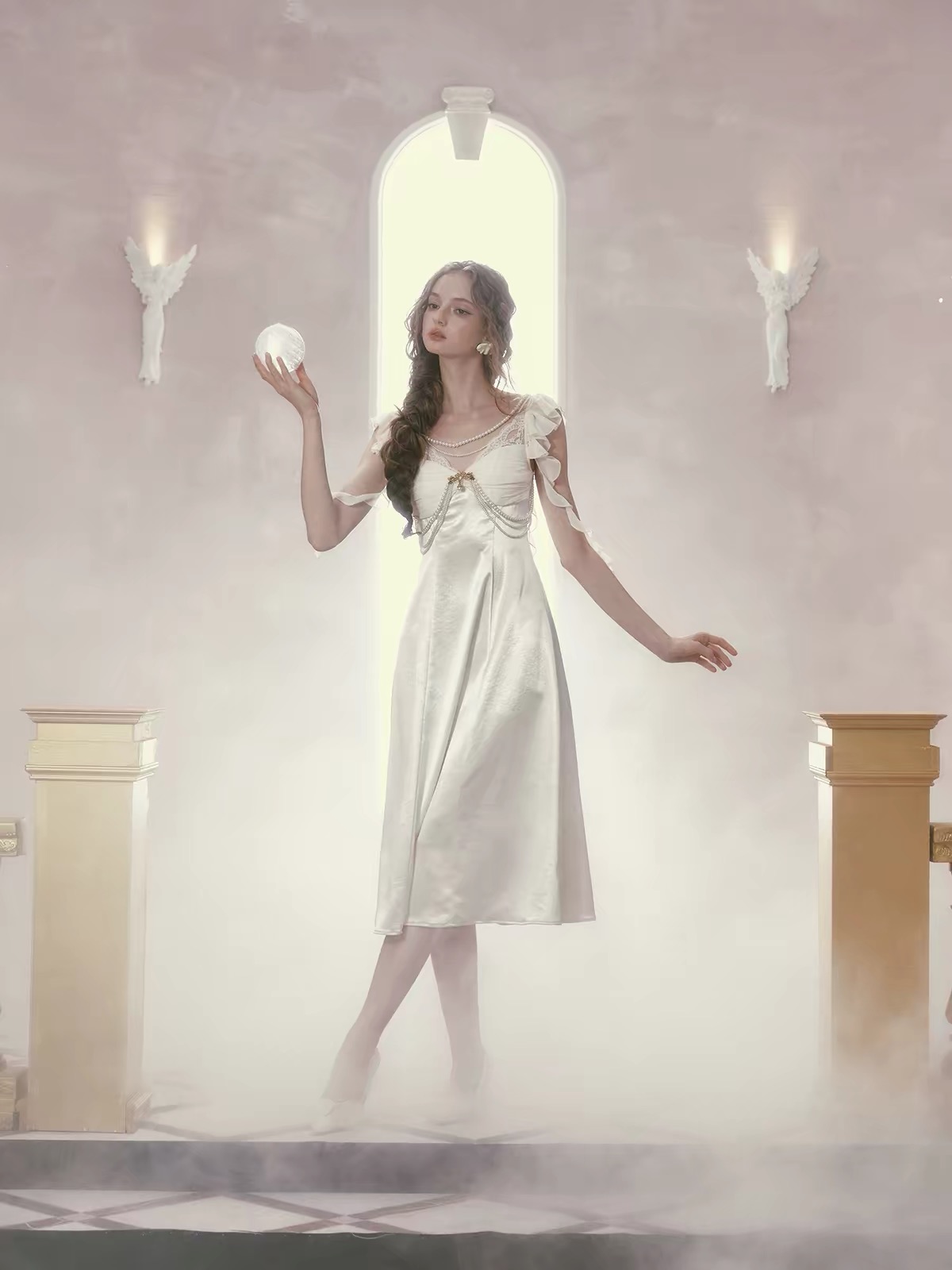 LaceMade váy trắng tay bèo phối dây ngọc trai_Y88