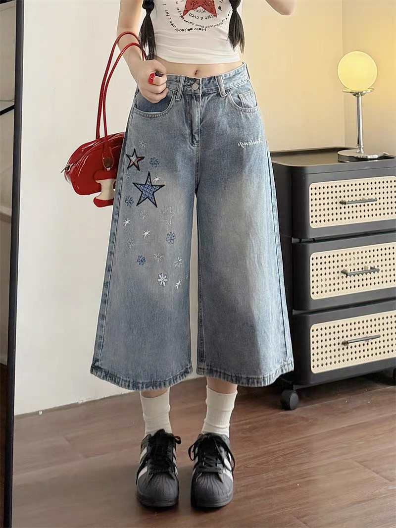 Quần jeans ống rộng thêu ngôi sao_E11