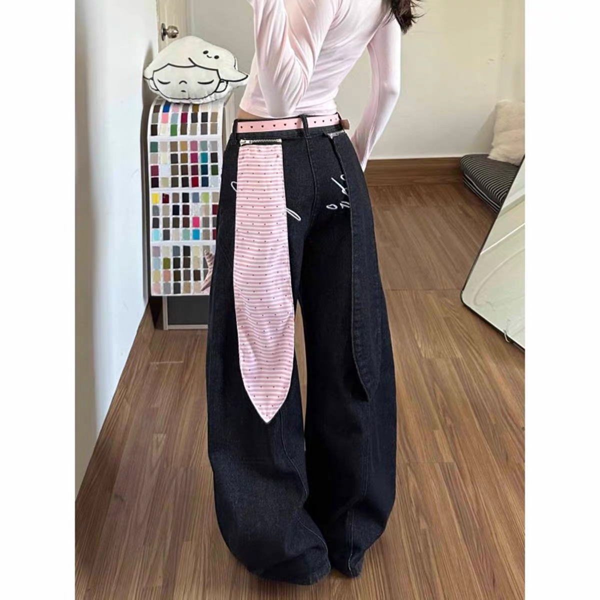 Quần jean ống rộng phối khăn buộc_E08