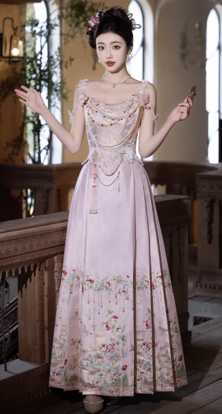 Váy cổ điển thêu hoa phối chuỗi trang trí_I46