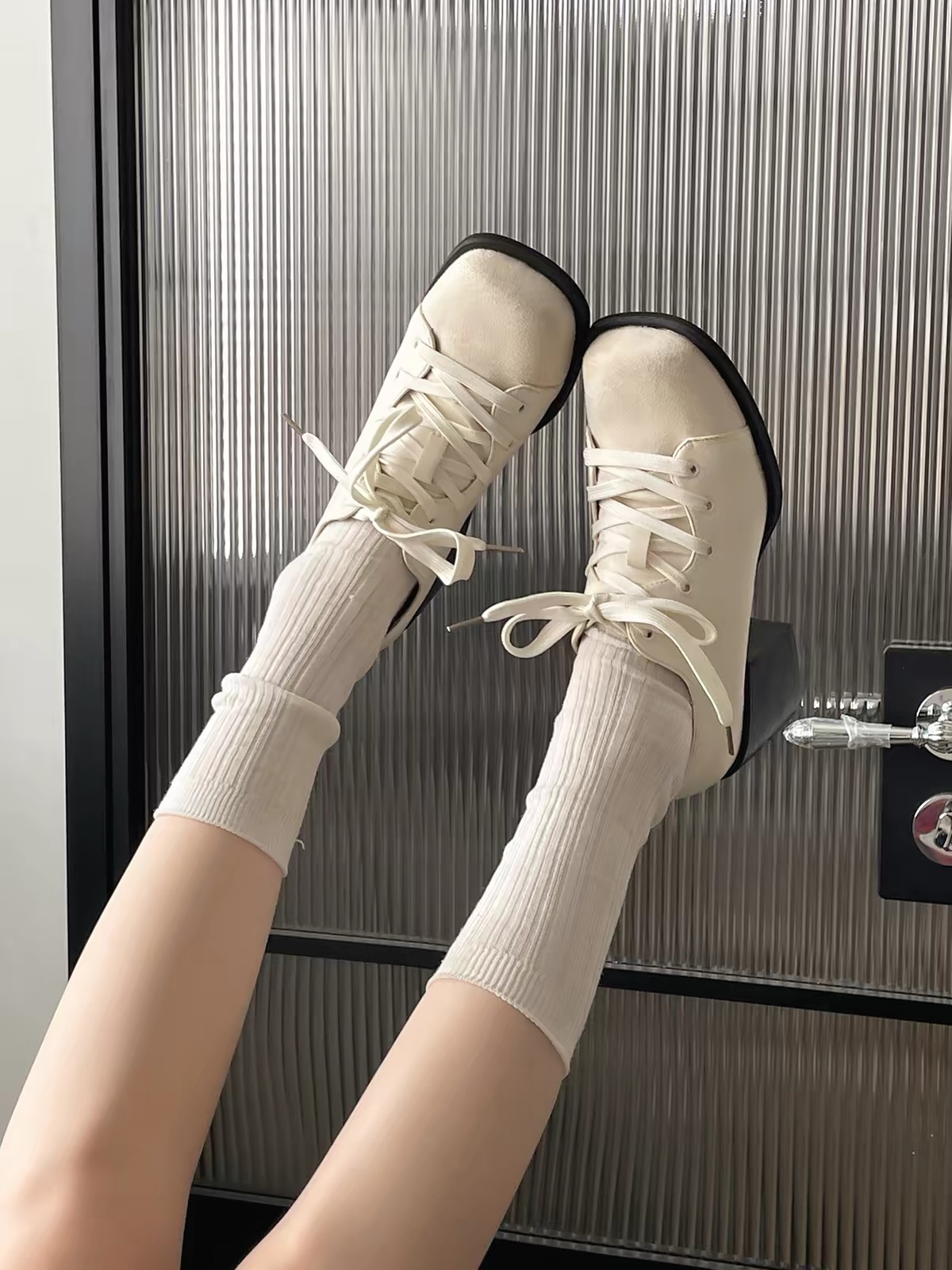 Giày Oxford nữ cao gót đế vuông phối dây buộc_X01