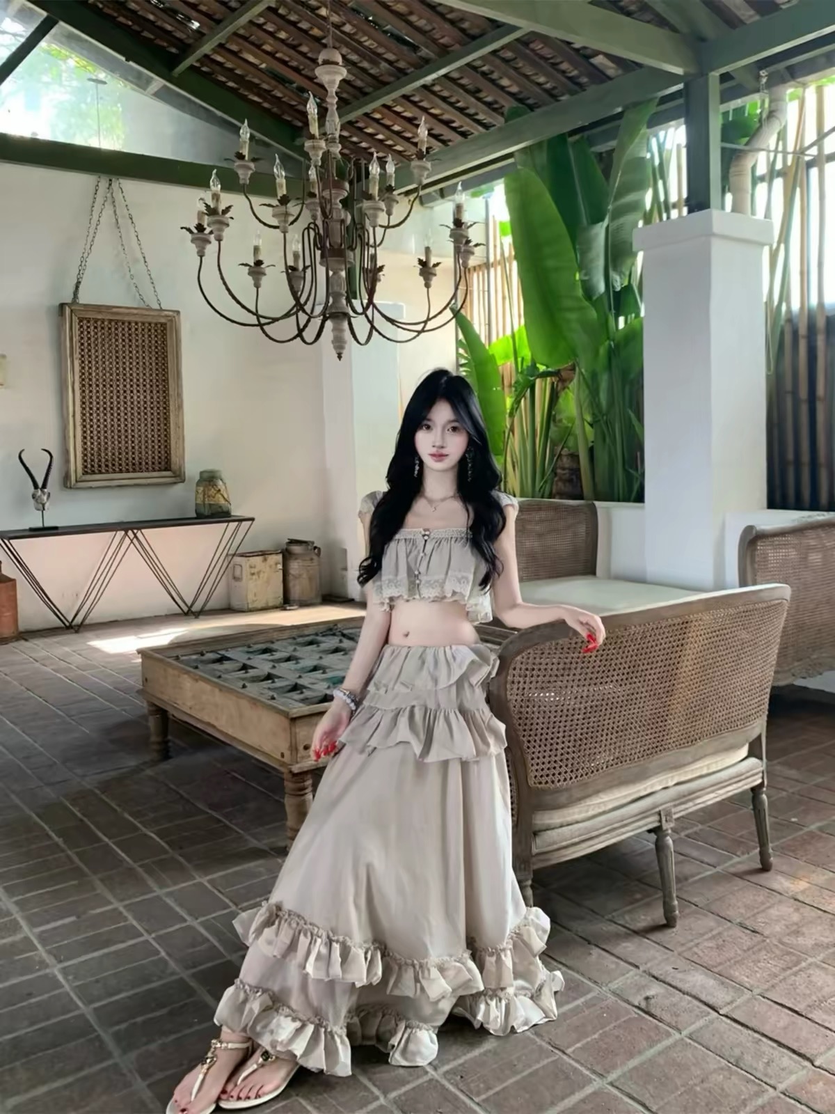 Váy maxi trễ vai phối bèo tầng nữ tính_Y115