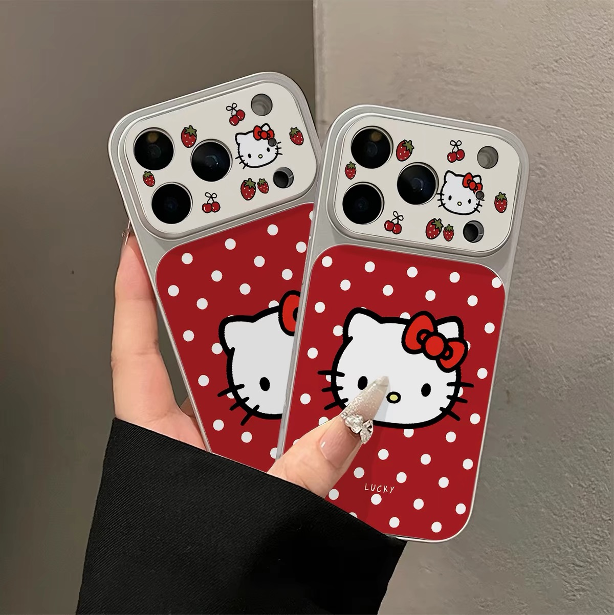 Ốp lưng điện thoại Hello Kitty dâu tây, họa tiết chấm bi đỏ trắng_O188 (Iphone, Huawei, Honor, OPPO, Vivo, Xiaomi & Redmi)