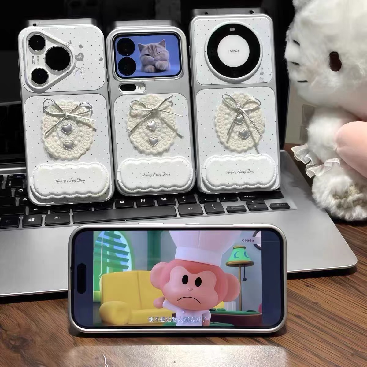 Ốp lưng nơ bạc hoa vải trắng kèm gương_O156 (Iphone, Huawei, Honor, OPPO, Vivo, Xiaomi & Redmi)