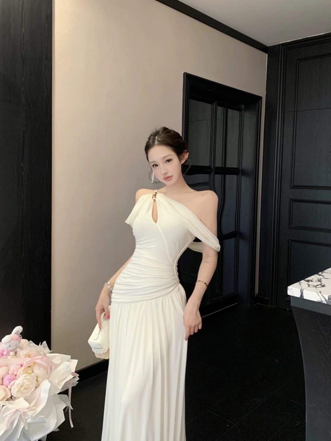 Váy lệch vai draping dáng dài thanh lịch_Y26