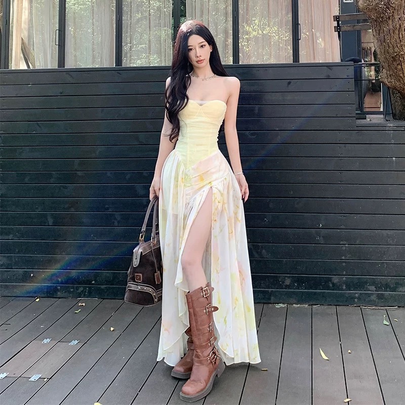 Váy cúp ngực voan tầng vàng kem tiểu thư_Y29