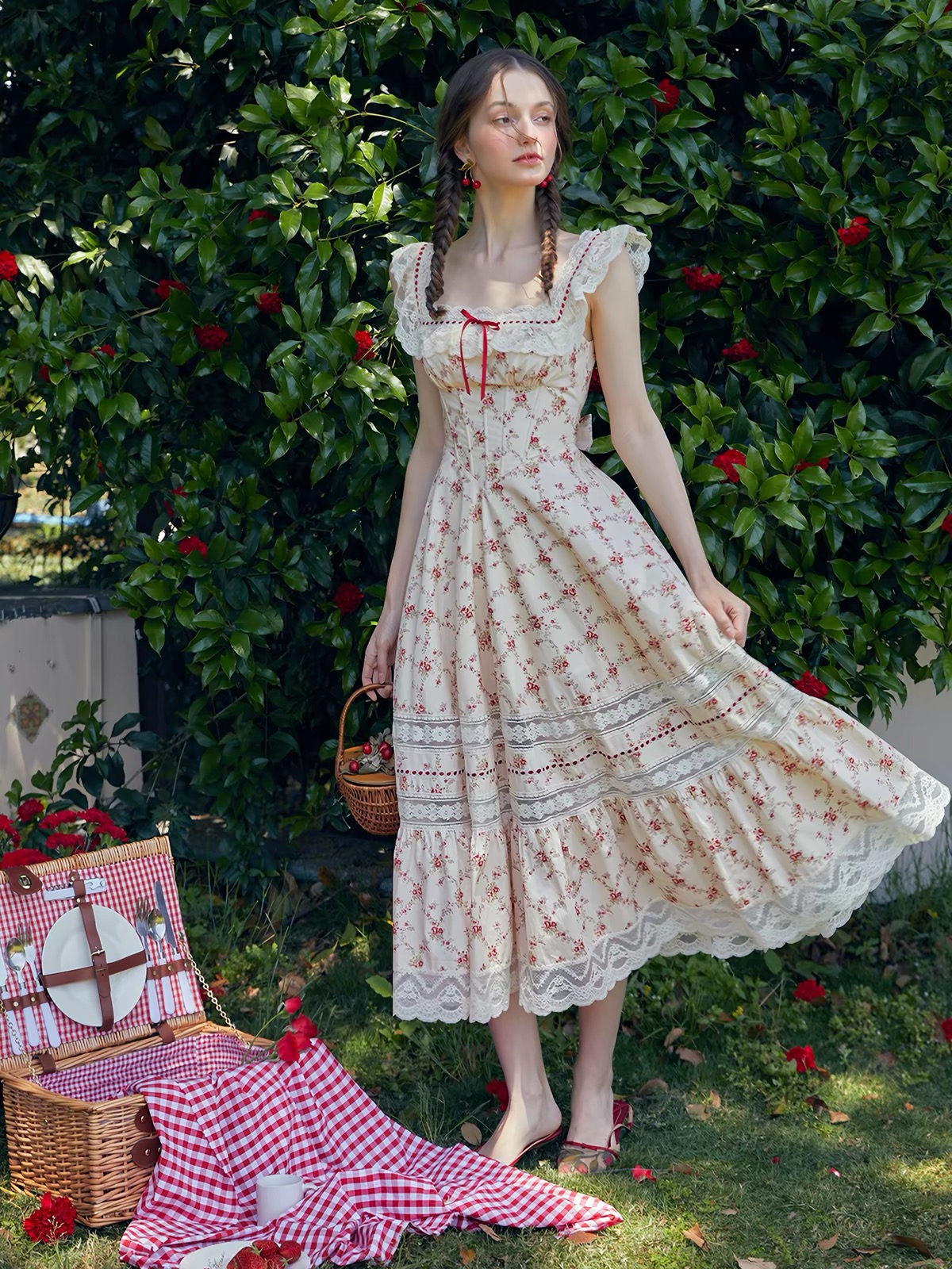 LaceMade váy hoa cổ vuông phối ren_Y91