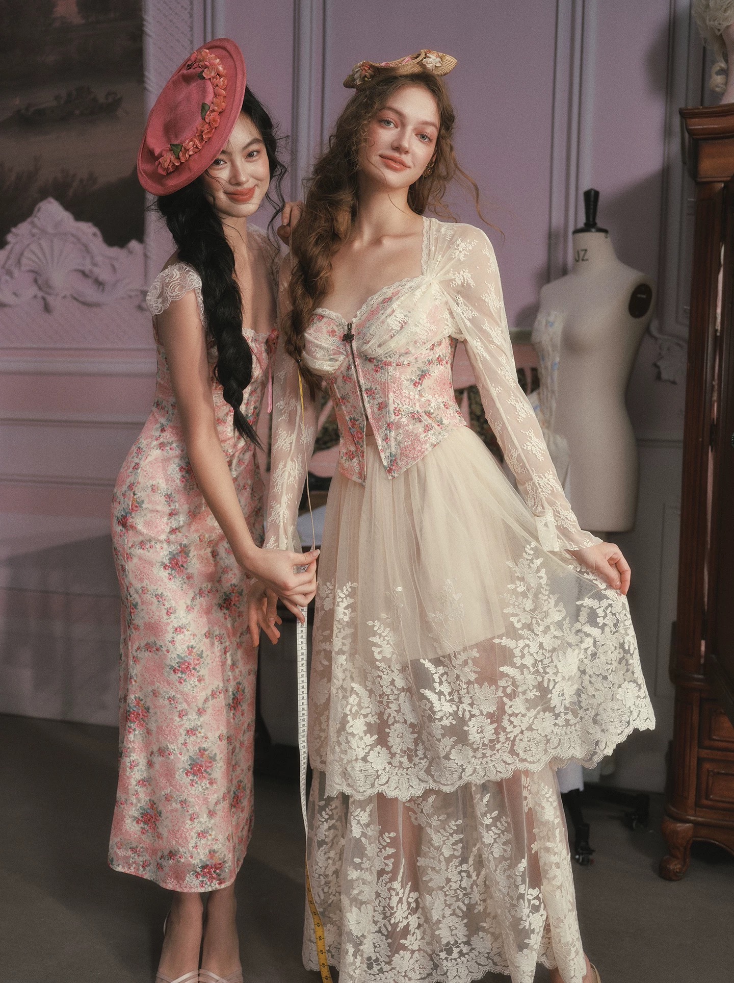 Lacemade áo corset hoa nhí hồng vintage phối ren nữ tính_A02