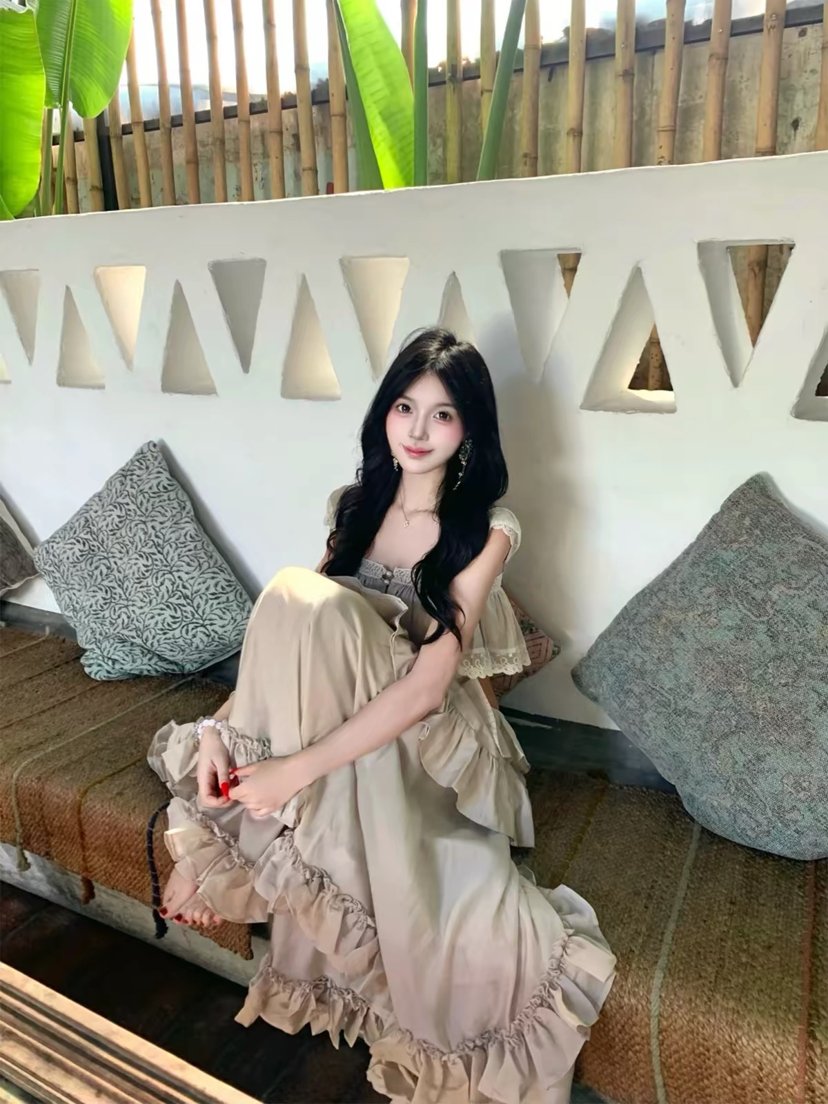 Váy maxi trễ vai phối bèo tầng nữ tính_Y115