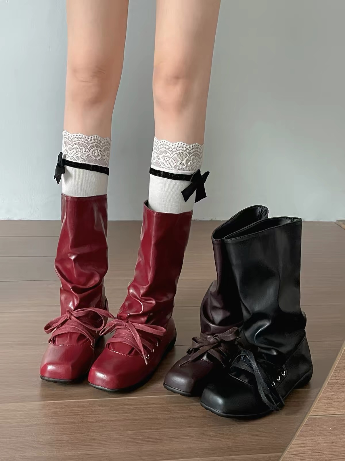 Giày boot nữ cổ cao buộc dây phong cách vintage bánh bèo_B03