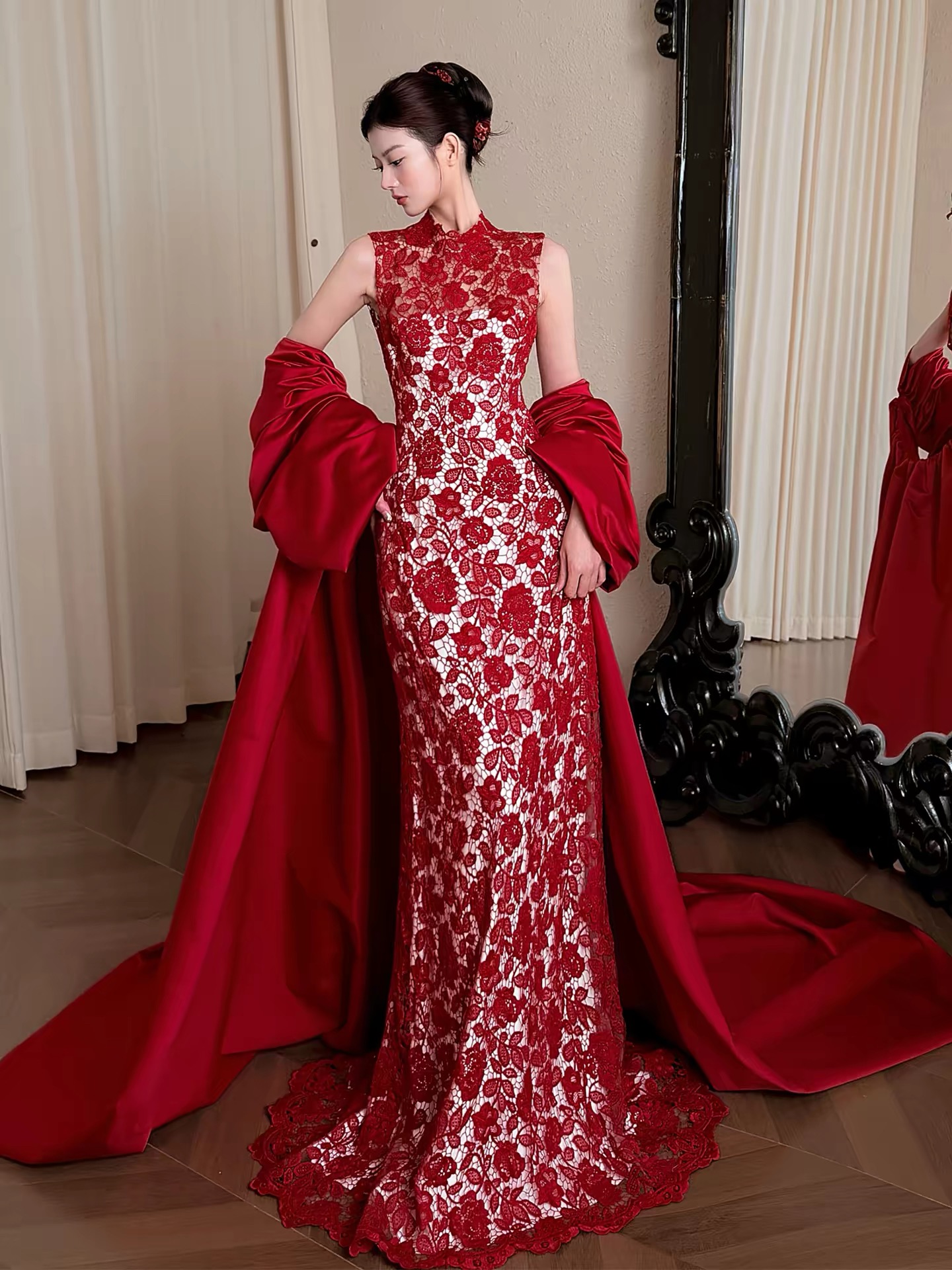 Váy dự tiệc ren hoa dáng dài kèm áo choàng satin_I161