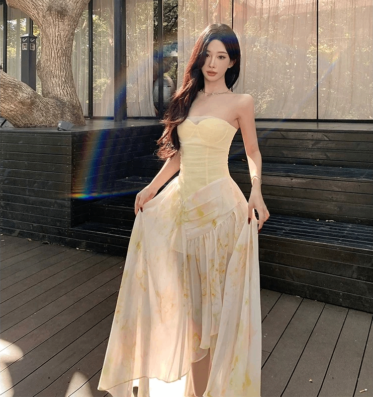 Váy cúp ngực voan tầng vàng kem tiểu thư_Y29