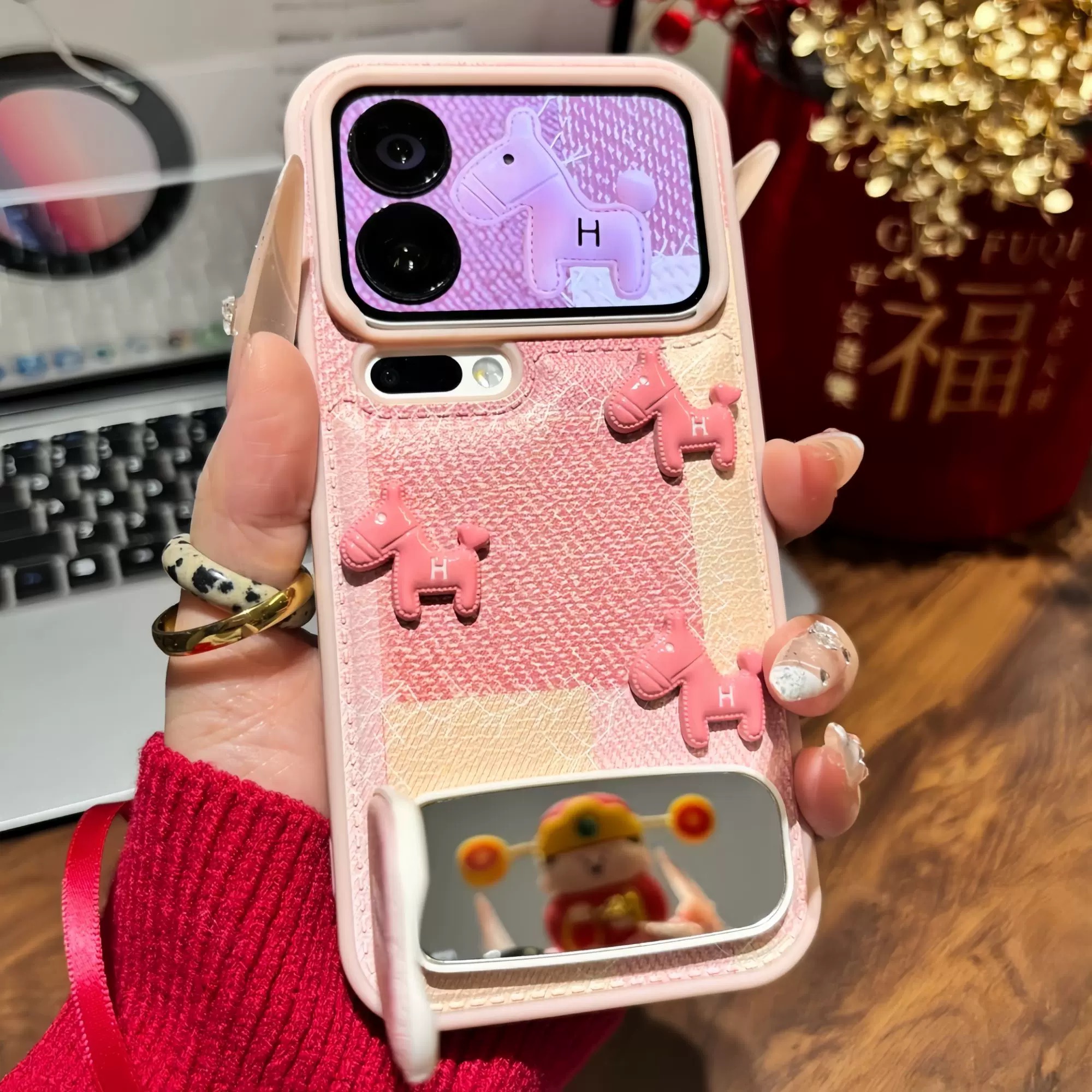 Ốp lưng đính ngựa nổi kèm gương_O01 (Iphone, Huawei, Honor, OPPO, Vivo, Xiaomi & Redmi)