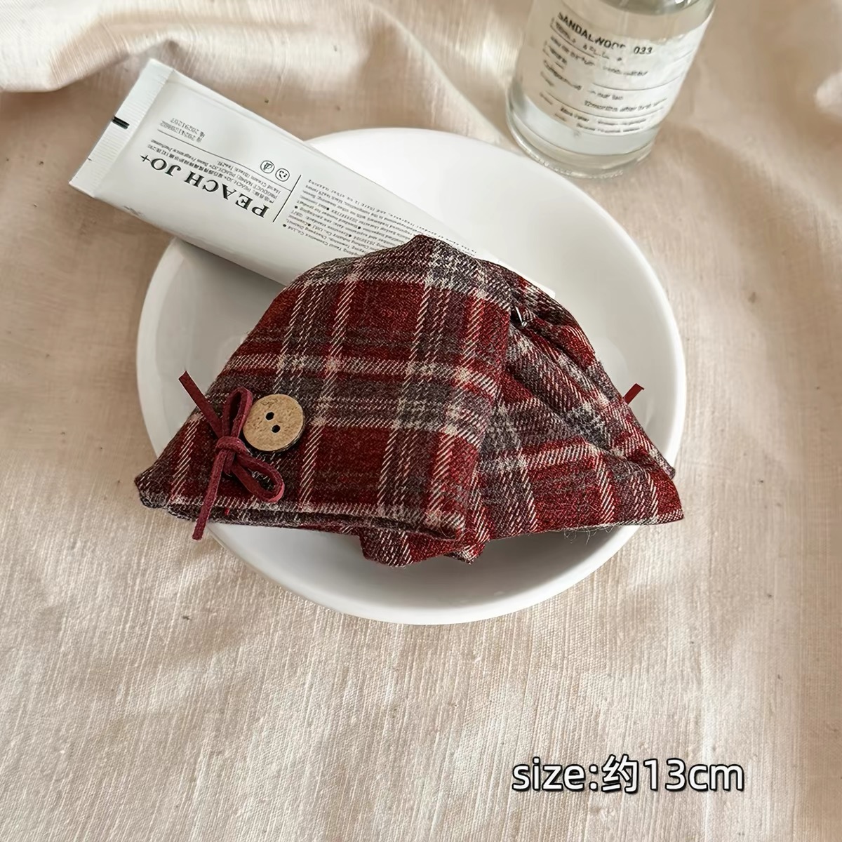 Kẹp tóc nơ caro vintage đính nút_T15