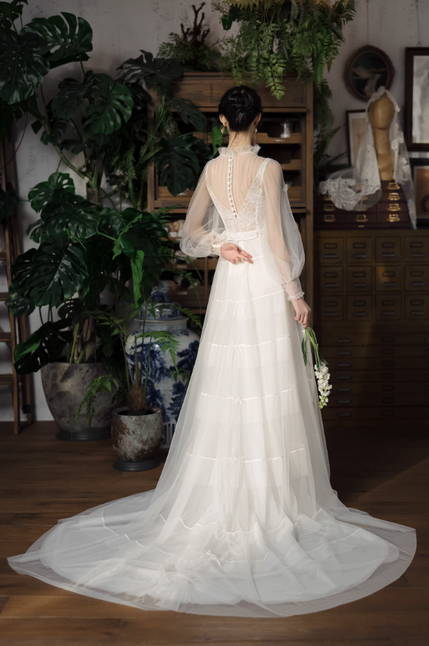 Váy cưới ren cổ cao dáng dài thanh lịch_I28