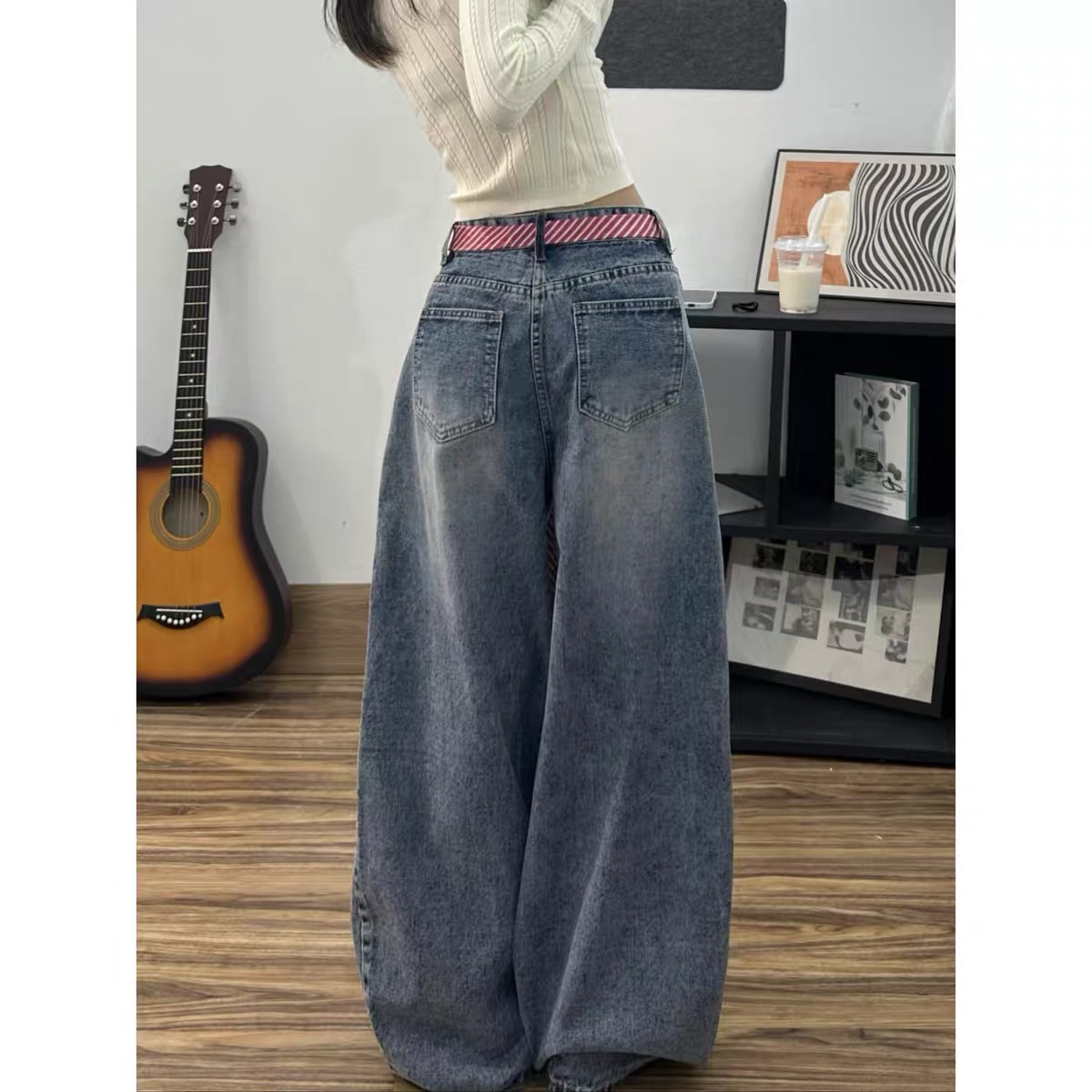 Quần jeans ống phồng phối dây eo_E09