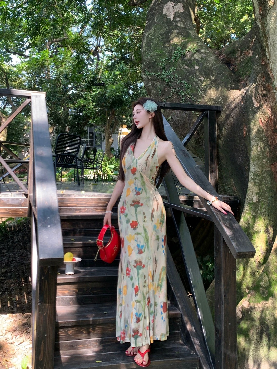 Đầm maxi hoa pastel cổ yếm nữ tính nhẹ nhàng_Y27