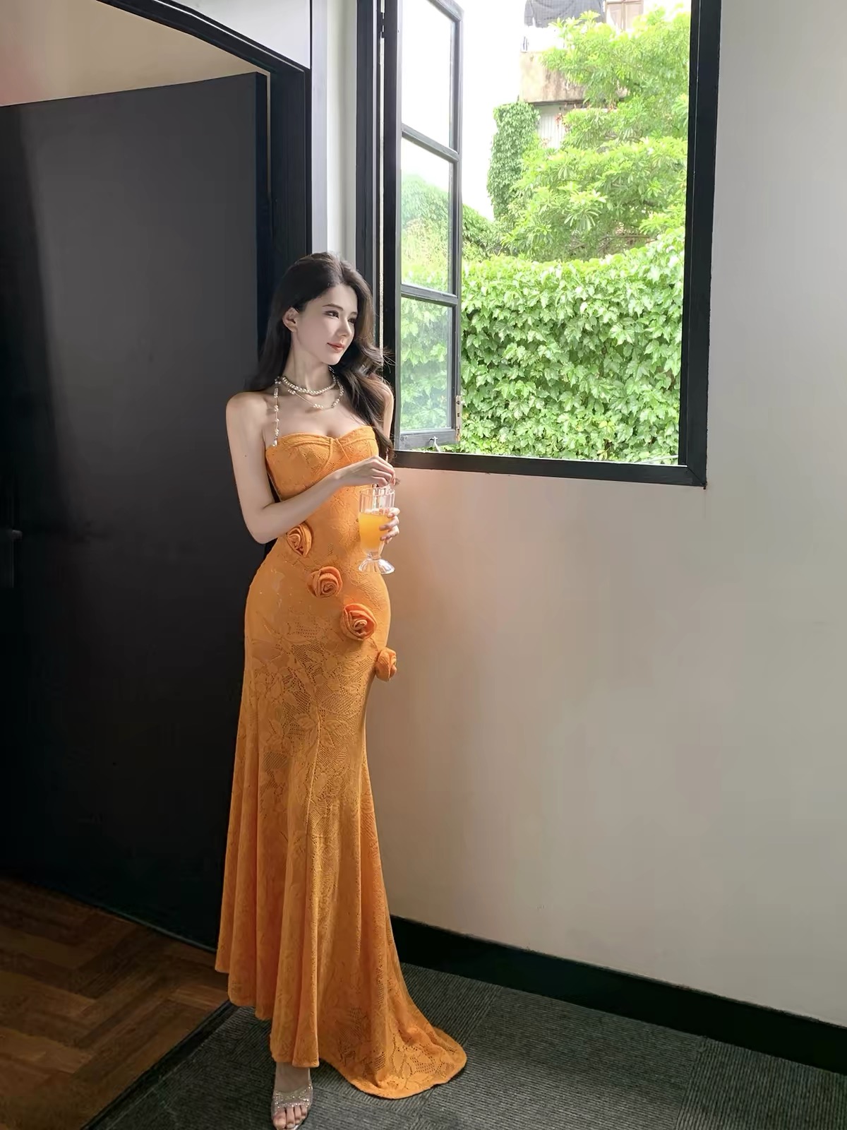 Váy maxi ren dáng ôm phối hoa_Y116