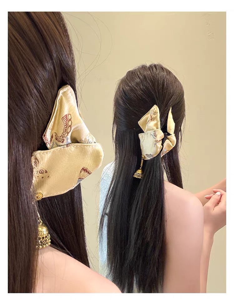 Kẹp tóc nơ lụa họa tiết cổ điển đính tua rua phong cách nữ tính_T17