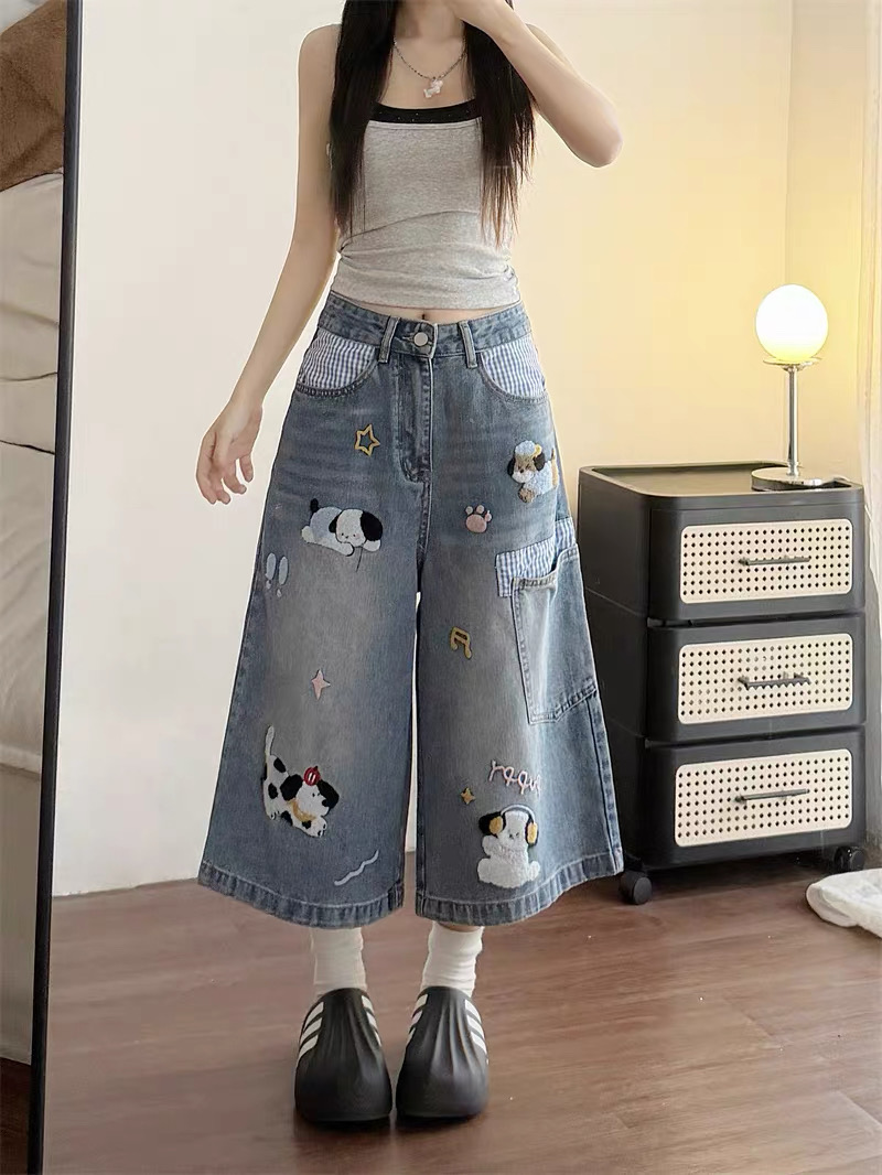 Quần jeans ống rộng thêu cún đáng yêu_E10