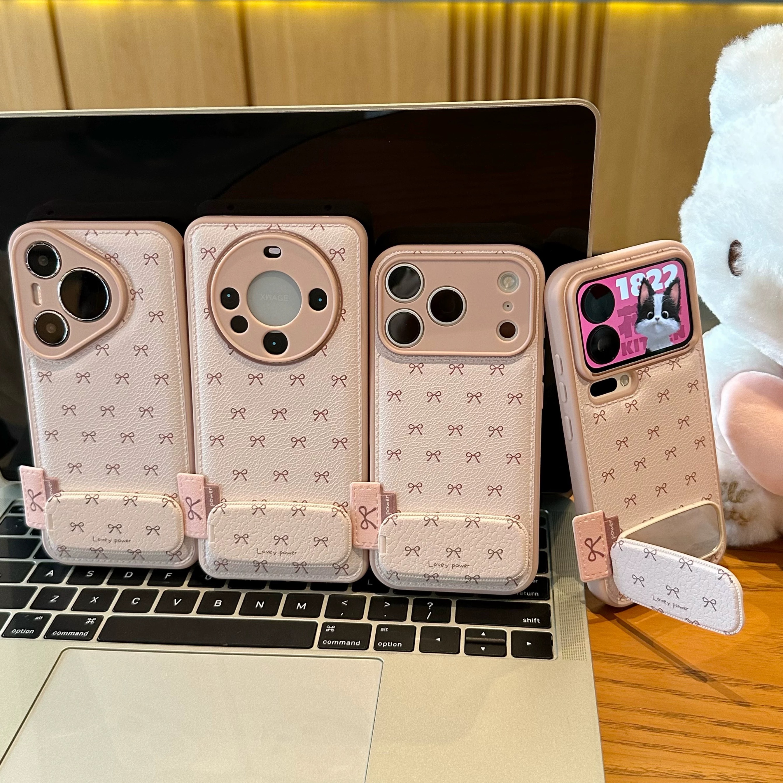 Ốp lưng da vân họa tiết nơ kèm gương_O02 (Iphone, Huawei, Honor, OPPO, Vivo, Xiaomi & Redmi)