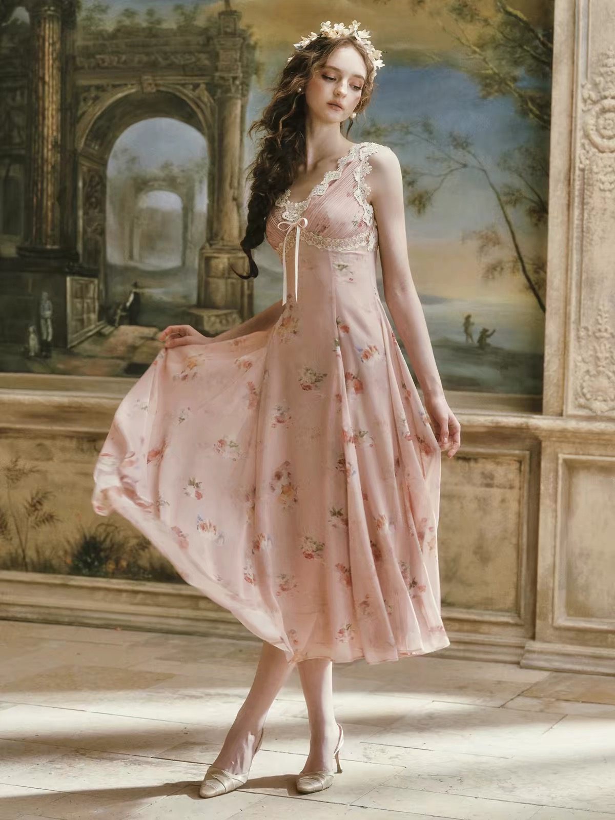LaceMade váy hoa nhí cổ V phối ren_Y57