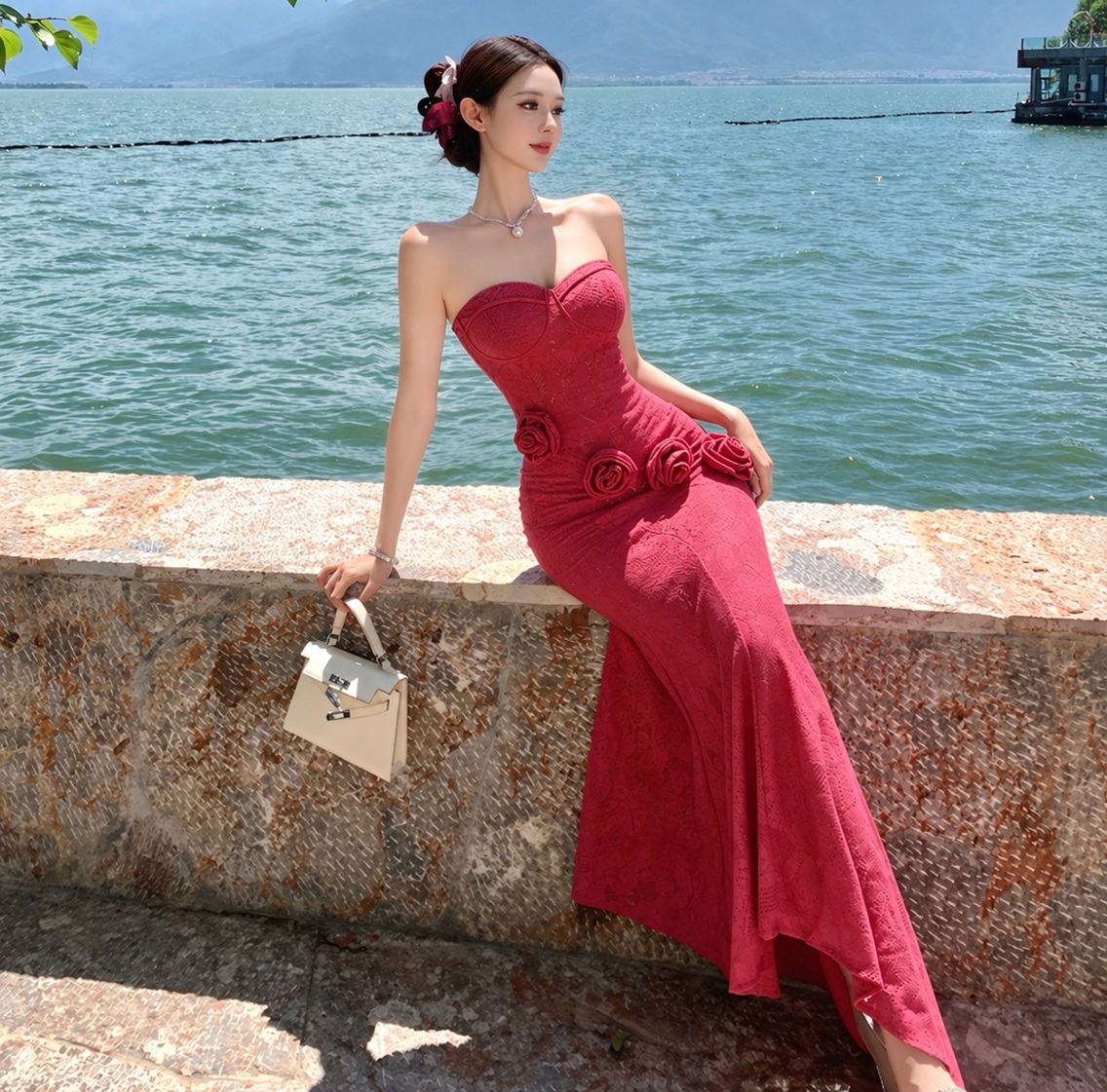 Váy maxi ren dáng ôm phối hoa_Y116