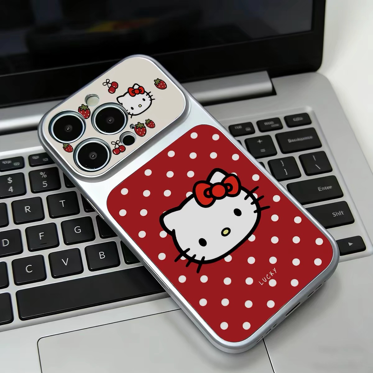 Ốp lưng điện thoại Hello Kitty dâu tây, họa tiết chấm bi đỏ trắng_O188 (Iphone, Huawei, Honor, OPPO, Vivo, Xiaomi & Redmi)