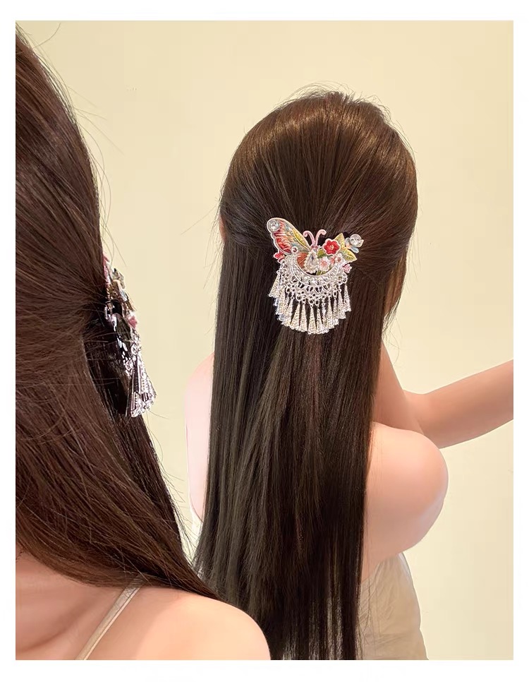 Kẹp tóc bướm thêu hoa tua rua phong cách cổ điển_H07